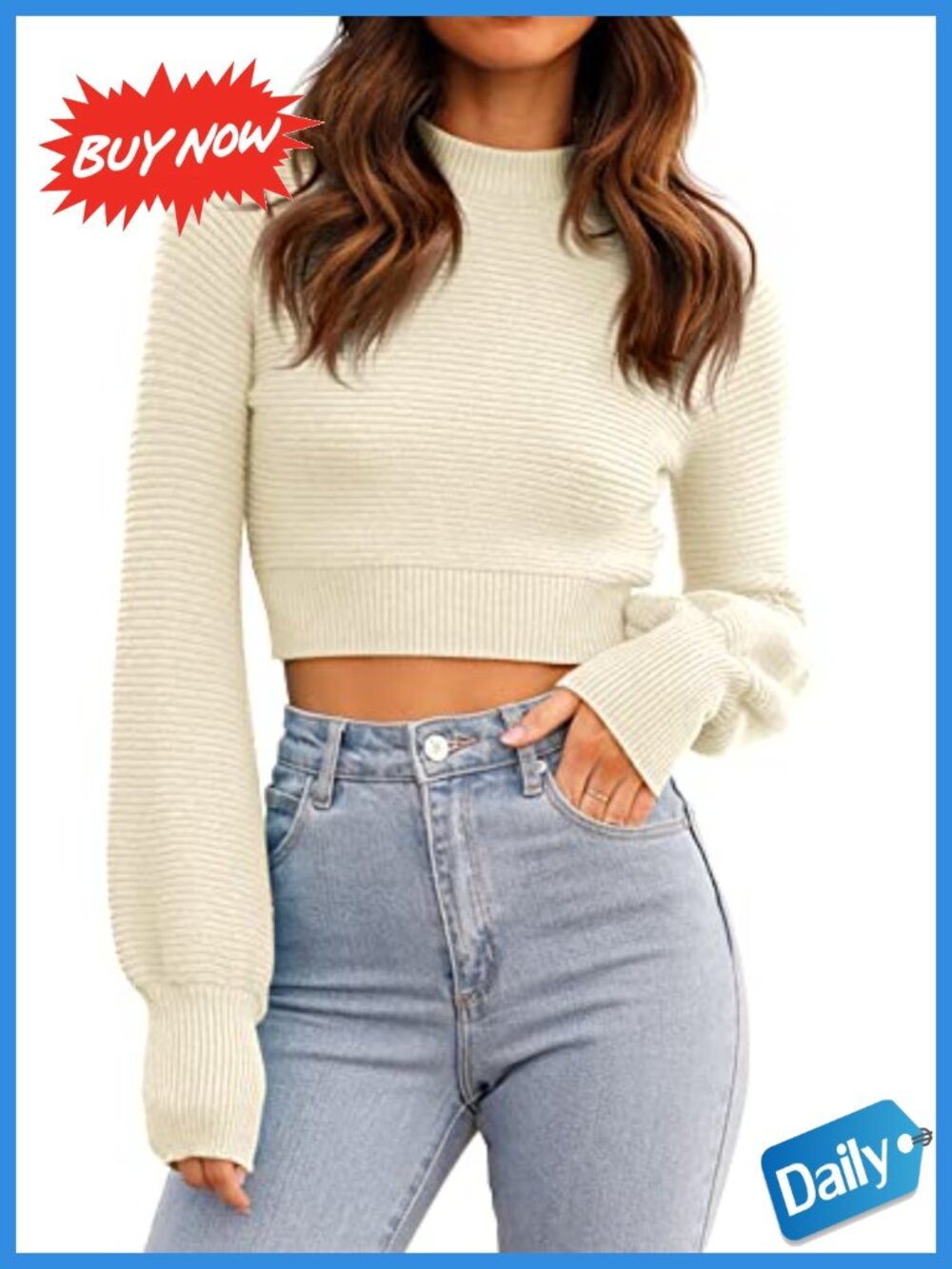Ribbed Knit Cropped Sweater Long Sleeve Crew Neck Pullover